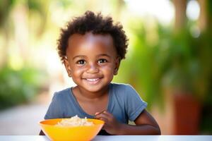 africano niño sonriente y comiendo un plato lleno de alimento. generativo ai foto