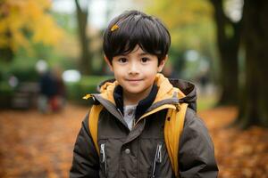 portrait photography of a child in city park . Generative AI photo