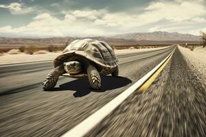 un Tortuga guiones a lleno velocidad un ciudad calle, generativo ai foto