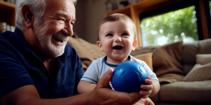 abuelo y parentesco divertido con un juguete , en vivo habitación. generativo ai foto