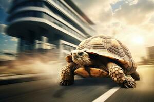 un Tortuga guiones a lleno velocidad un ciudad calle, generativo ai foto