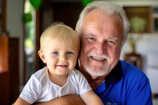 abuelo y parentesco divertido con un juguete , en vivo habitación. generativo ai foto