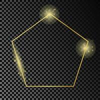 Gold glowing pentagon shape frame isolated on dark background. Shiny frame with glowing effects. Vector illustration.