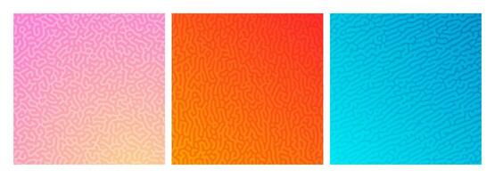 Set of three colorful turing reaction gradient backgrounds. Abstract diffusion pattern with chaotic shapes. Vector illustration.