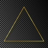 Gold glowing triangle frame with shadow isolated on dark background. Shiny frame with glowing effects. Vector illustration.