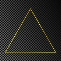 Gold glowing triangle frame with shadow isolated on dark background. Shiny frame with glowing effects. Vector illustration.