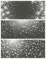 Snowfall and falling snowflakes on background. Set of three backdrops. White snowflakes and Christmas snow. Vector illustration