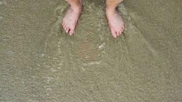 slow motion of bare feet are washed by the waves of the sea or ocean. finally some rest and relaxation video