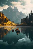 AI generated Man paddling in a canoe on a lake in the mountains photo