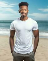 AI generated Portrait of a handsome young african american man standing on the beach photo