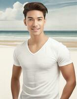 AI generated Portrait of a handsome young asian man standing on the beach photo