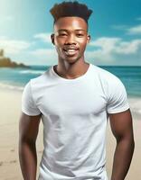 AI generated Portrait of a handsome young african american man standing on the beach photo