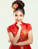 ai generado hermosa chino mujer en tradicional cheongsam vestir foto