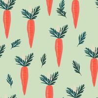 Carrots with tops on a light green background. Seamless pattern with vegetables. Vector. vector