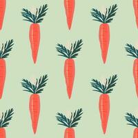 Carrots with tops on a light green background. Seamless pattern with vegetables. Vector. vector