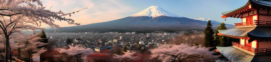 AI generated Panorama of Mount Fuji with cherry blossoms photo