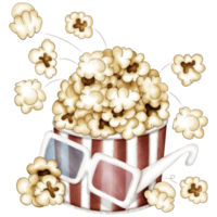 Illustration of popcorn in a bucket and 3D glasses png