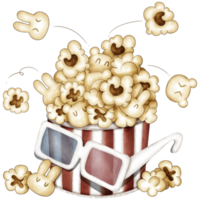 Illustration of popcorn in a bucket and 3D glasses png