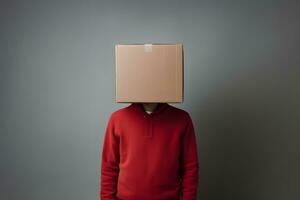 AI generated Man in red hoodie with cardboard box on his head on grey background photo