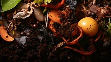 AI generated Pile of food waste on the ground in soil, closeup. Vegetarian food photo
