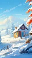 AI generated Winter landscape with a wooden house in the mountains. Illustration style photo