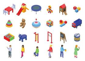 Children playroom icons set isometric vector. Slide wooden table vector