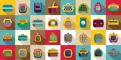 Cat carrier icons set flat vector. Cage canine carrier vector