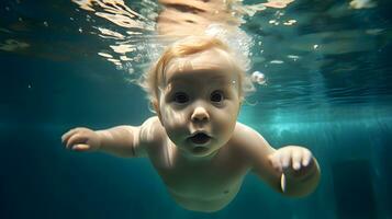 ai generado linda pequeño bebé nadando submarino en el piscina. gracioso bebé nadando submarino. foto