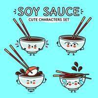 Funny cute happy Bowl of soy sauce characters bundle set. Vector hand drawn doodle style cartoon character. Isolated on blue background. Bowl of soy sauce character collection