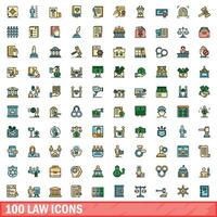 100 law icons set, color line style vector