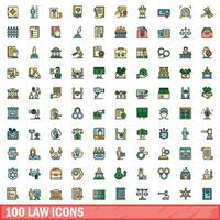 100 law icons set, color line style vector