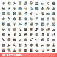 100 law icons set, color line style vector