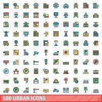 100 urban icons set, color line style vector