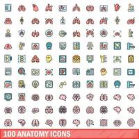 100 anatomy icons set, color line style vector
