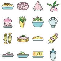 Greek cuisine food icons set vector color