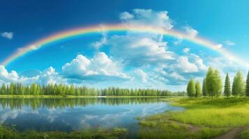 A peaceful landscape meadow field with rainbow in the sky photo