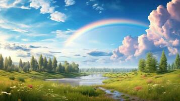 A peaceful landscape meadow field with rainbow in the sky photo