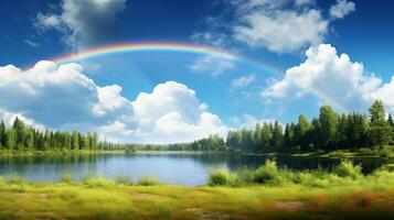 A peaceful landscape meadow field with rainbow in the sky photo