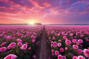 AI generated Rose field in the sunrise morning with beautiful sky photo