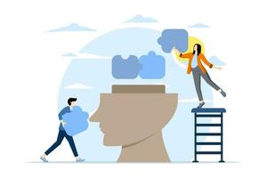 Business teamwork concept. Business team making head shaped puzzle. Business team building puzzle in head shape. solve the problem. solution. brainstorming, flat illustration on white background. vector