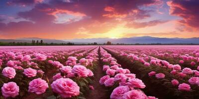 AI generated Rose field in the sunrise morning with beautiful sky photo