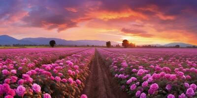 AI generated Rose field in the sunrise morning with beautiful sky photo