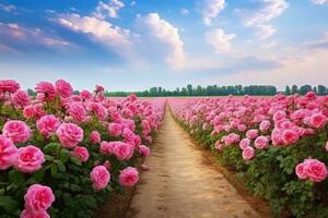 AI generated Rose field in the sunrise morning with beautiful sky photo