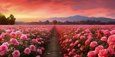 AI generated Rose field in the sunrise morning with beautiful sky photo