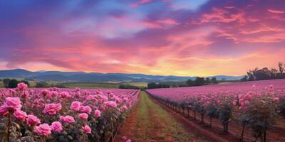 AI generated Rose field in the sunrise morning with beautiful sky photo