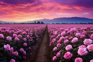 AI generated Rose field in the sunrise morning with beautiful sky photo