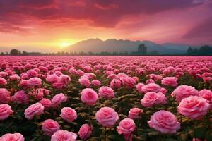 AI generated Rose field in the sunrise morning with beautiful sky photo