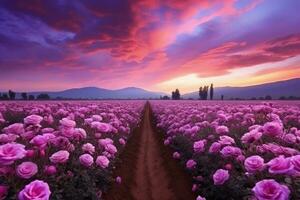 AI generated Rose field in the sunrise morning with beautiful sky photo