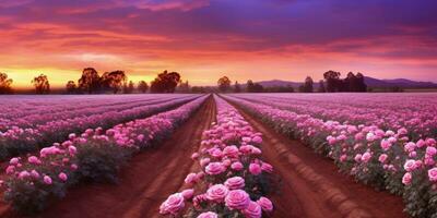 AI generated Rose field in the sunrise morning with beautiful sky photo