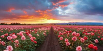 AI generated Rose field in the sunrise morning with beautiful sky photo